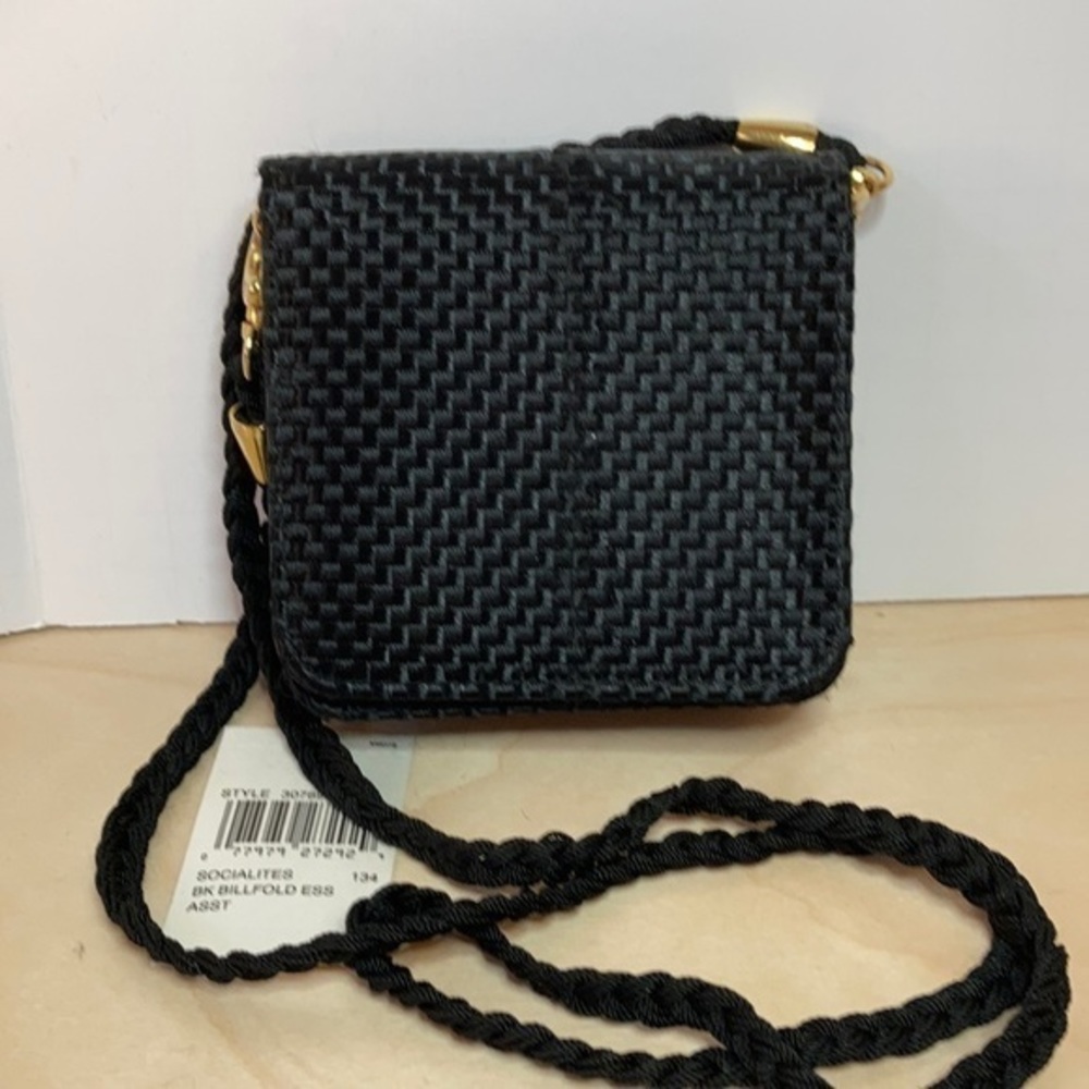 Mundi black woven fabric “socialites” billfold two-sided purse w/gold hardware